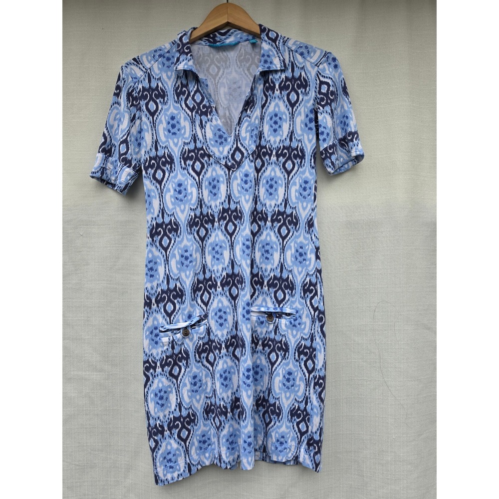 Tori Richard Honolulu Blue Ikat Damask Modal Shift Dress XS 7309 9438 Hawaii